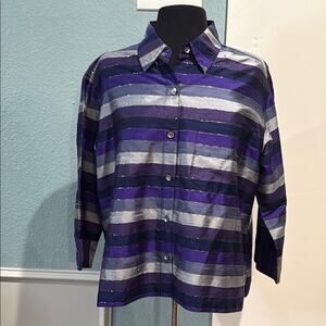 Vintage Chico’s Design Silk Blouse L  Purple Gray Metallic Striped Statement Top